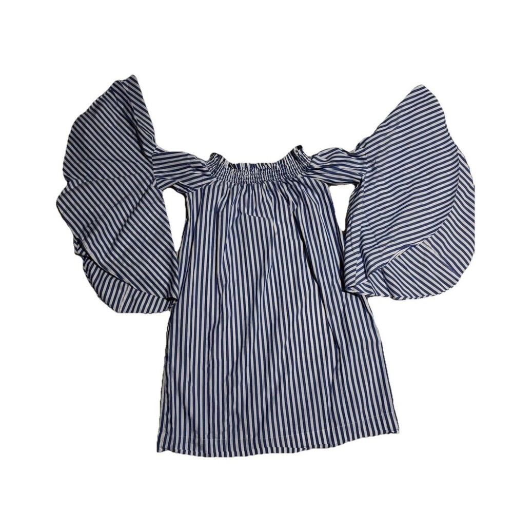 New York And Company Blue And White Striped Bell Sleeve Paper Bag Dress Womens M
